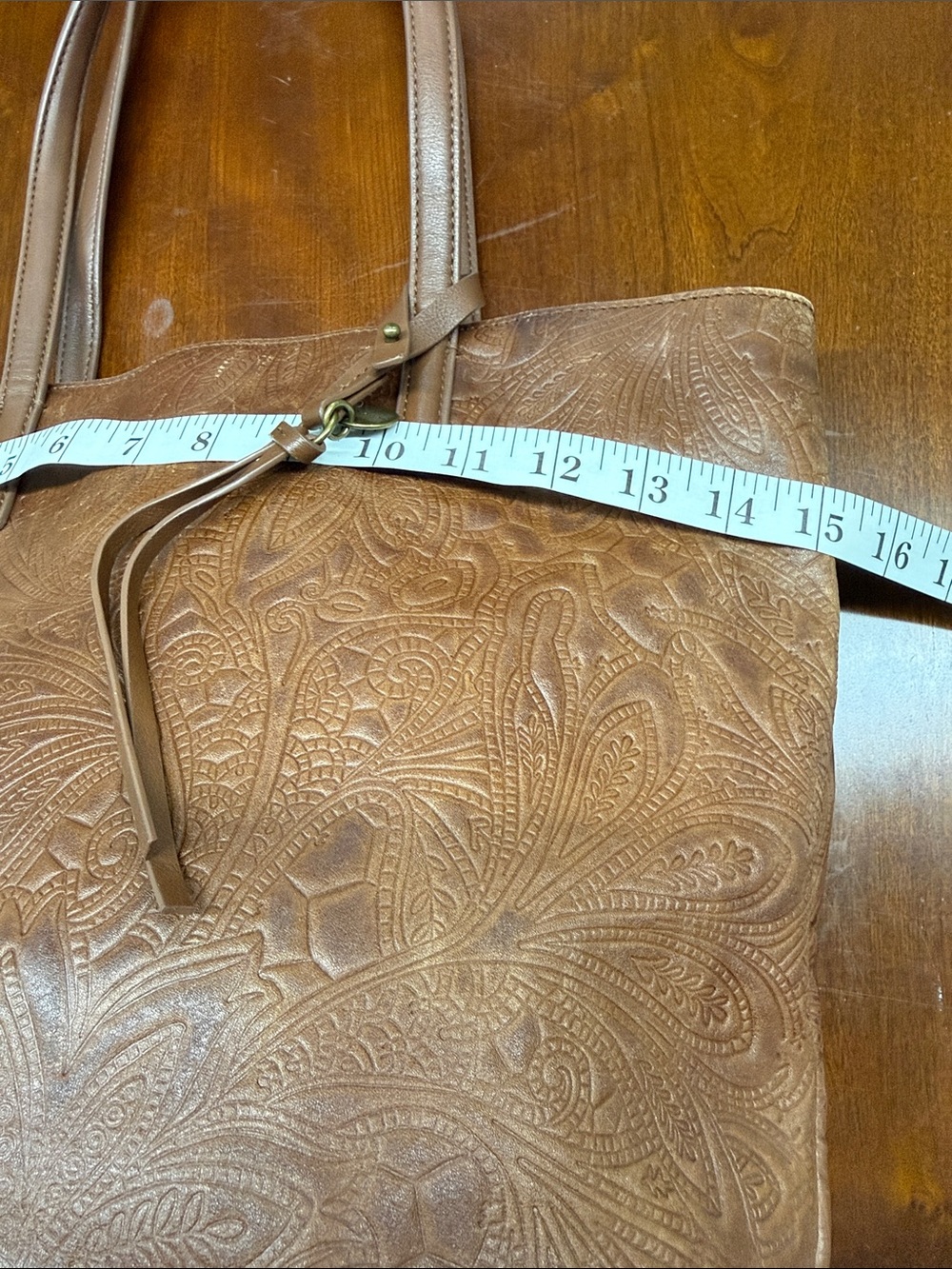 Embossed Lucky Brand Brown Leather Tote Bag - Picture 10 of 11